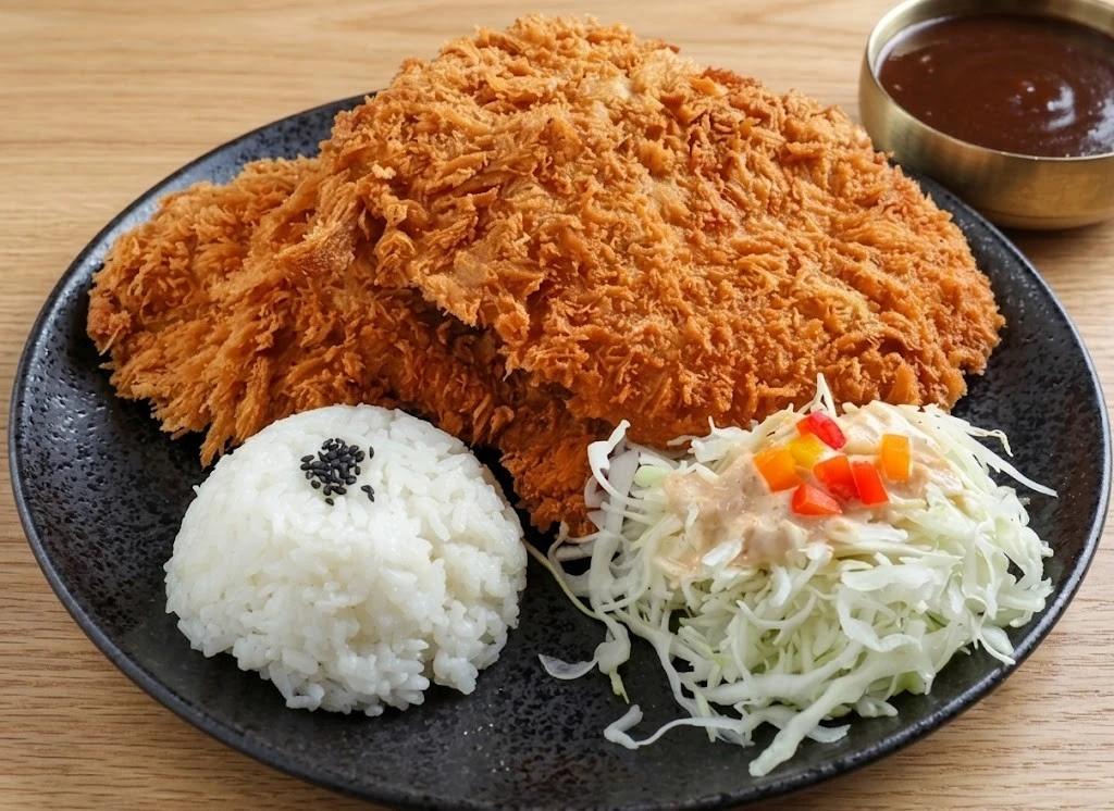 Donkatsu Korean pork cutlet with rice and cabbage salad at Hanyang Korean Restaurant on Macleod Trail SE